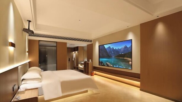 Une chambre d’hôtel moderne dotée d’un grand lit, d’un téléviseur à écran plat fixé au mur et d’un plancher en bois.