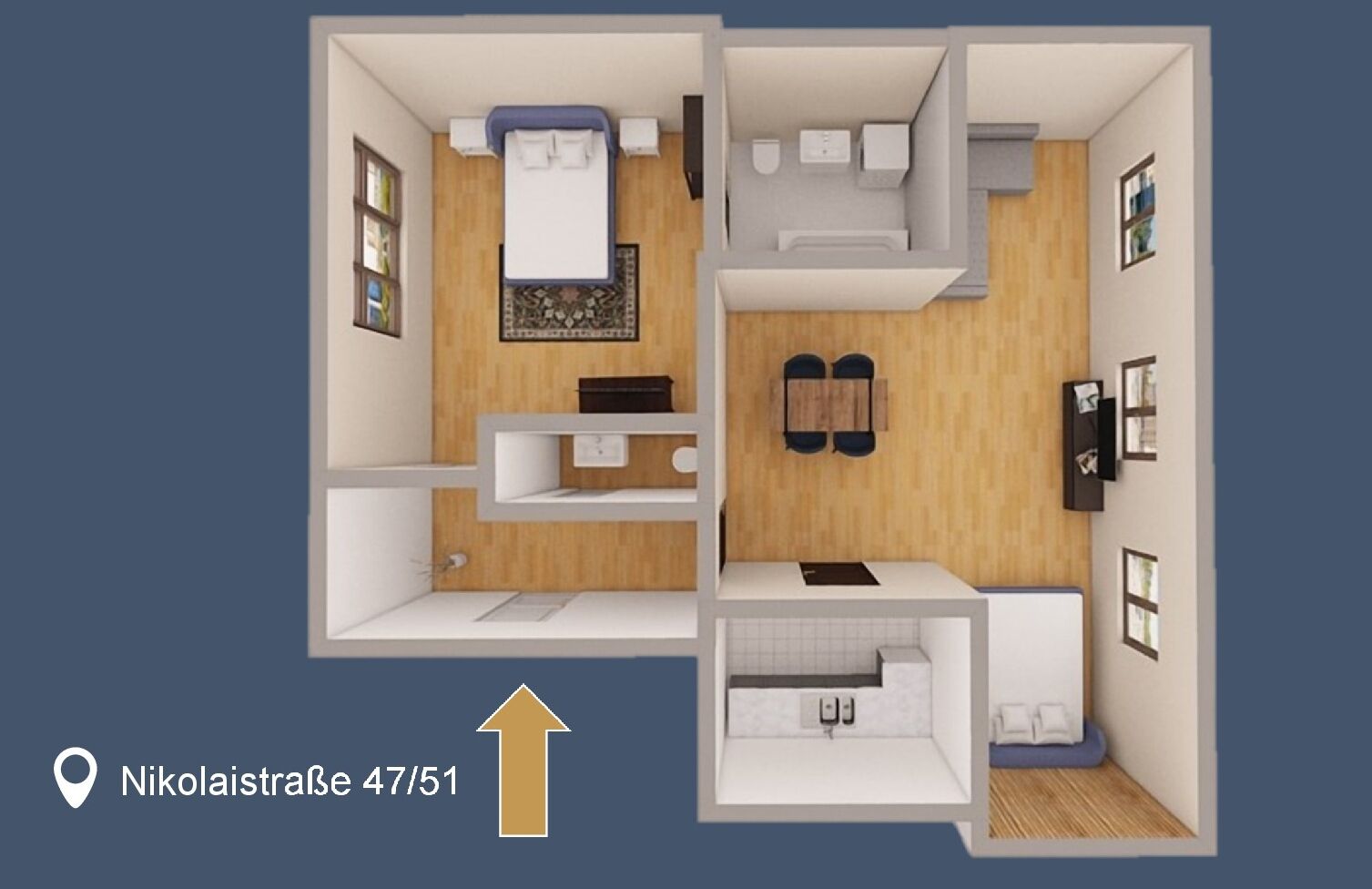 A 2-bedroom apartment layout with a living room, kitchen, and two bedrooms.