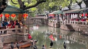 A traditional waterway with boats and wooden bridges, surrounded by trees and traditional buildings. - Tongli Defu Caotang Boutique Hostel (Suzhou)