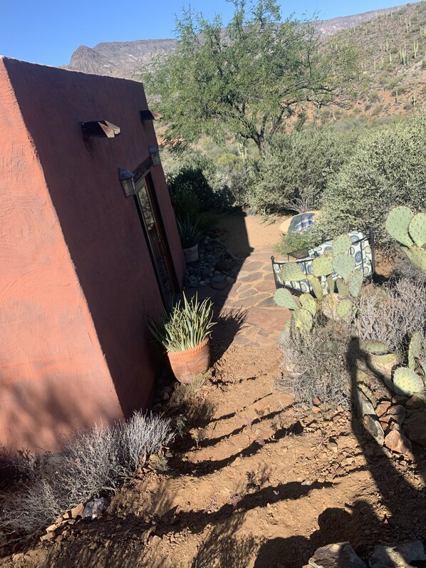 Set amidst desert landscapes, this building offers a serene escape with a door and window, surrounded by cacti and shrubs.