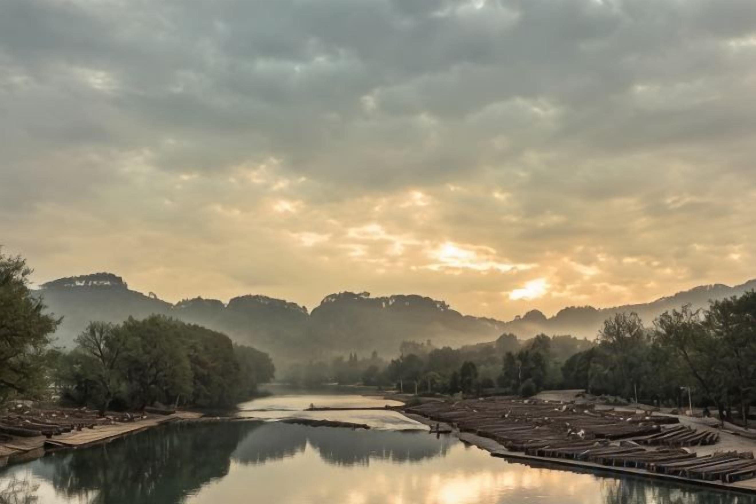 A river with a dock, surrounded by trees and hills, under a cloudy sky.