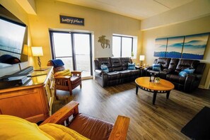 Smart TV, fireplace, video games, DVD player