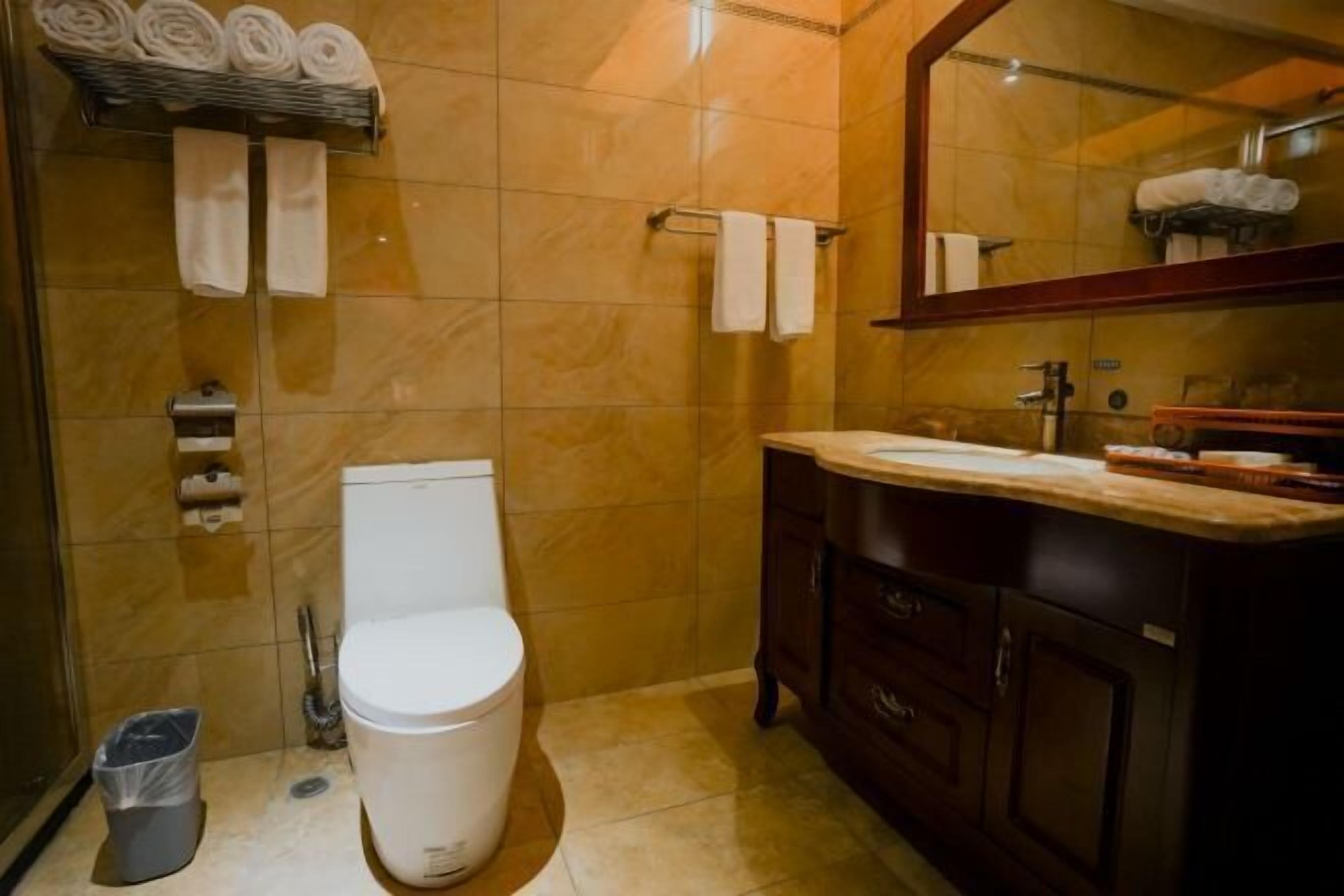 A bathroom with a toilet, a sink, a mirror, and towels on a rack.