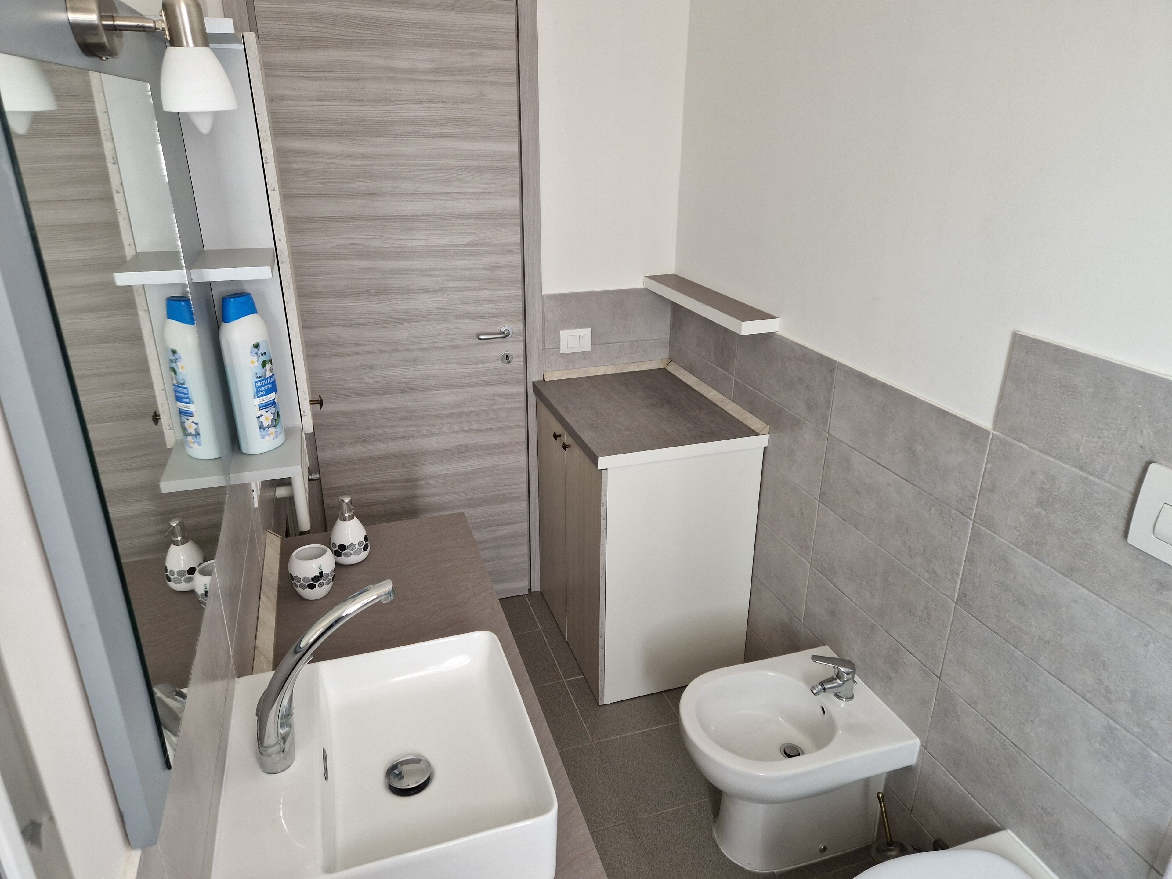 Un bagno moderno con un lavandino bianco, un bidet e uno specchio. Sono presenti articoli da toilette su uno scaffale e un porta asciugamani.