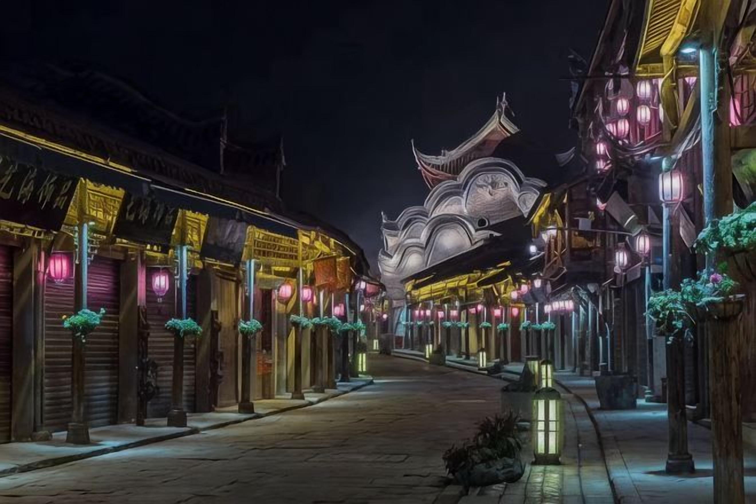A traditional street with buildings featuring ornate facades and hanging lanterns.