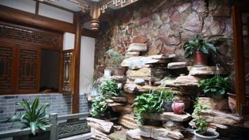 A traditional interior with a stone wall, wooden door, and potted plants.