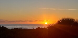 A sunset over the ocean with silhouettes of vegetation in the foreground. - Stunning Direct Oceanfront Condo Oasis - Watch Rocket Launches (Cocoa Beach)