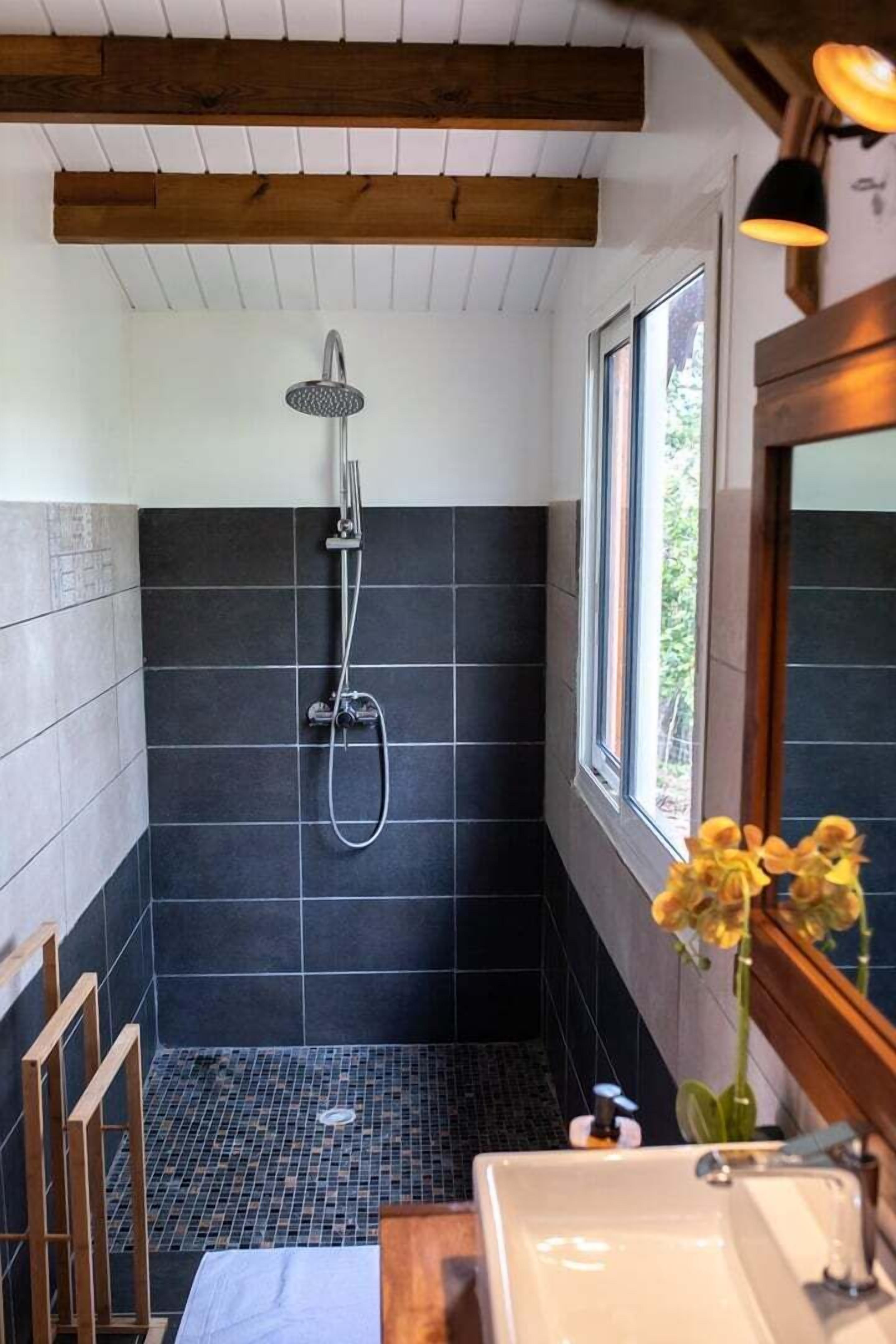Shower, hair dryer, towels