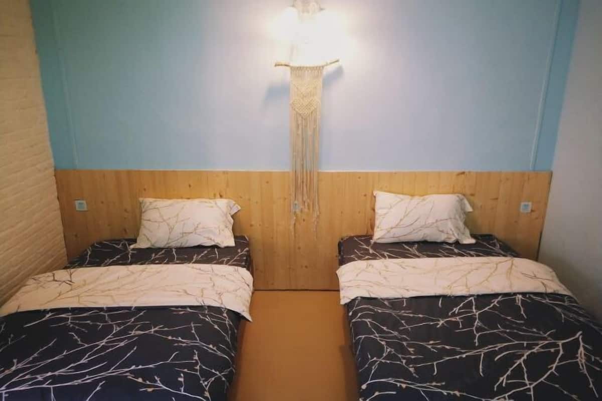 Een kamer met twee bedden, elk met een beddeken met dessin en witte kussens. Boven de bedden hangt een wandlamp.