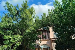 A building with a large tree in front, a clear sky, and a window with a balcony. - Pulu Inn (Dalian)