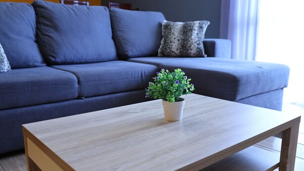 A modern living room with a light-colored wooden coffee table and a small potted plant. - 2 Bedroom Apartment in Portimão (Portimão)