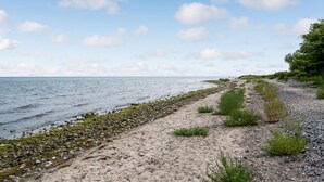 En kustnära strand med en stenig strandlinje, sandiga områden och gles vegetation.