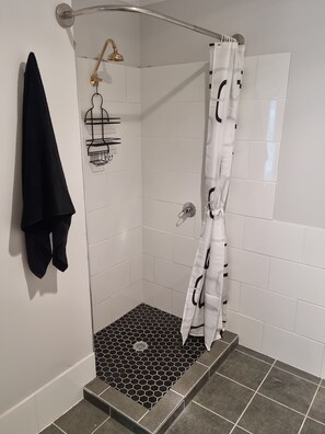 Shower, towels, soap, toilet paper