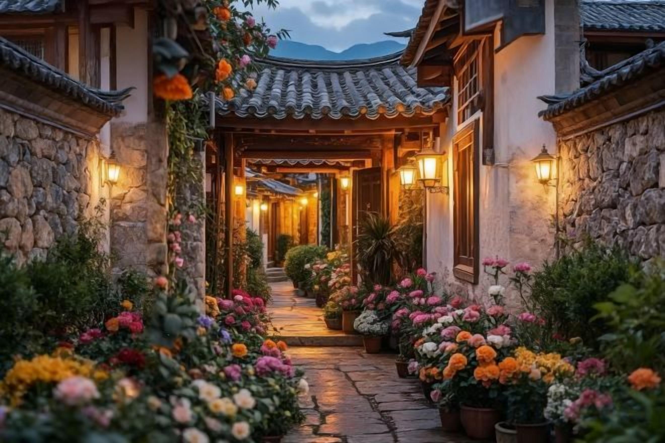 A traditional courtyard with stone walls, a tiled roof, and a pathway lined with potted flowers.