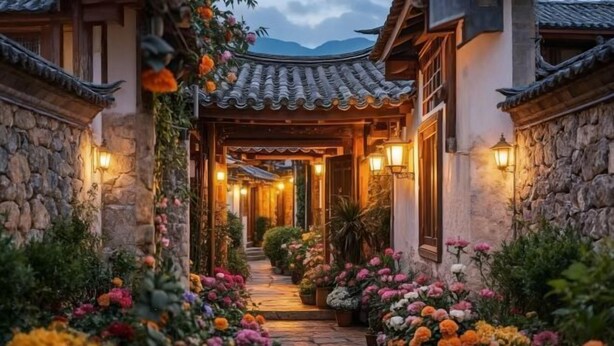 A traditional courtyard with stone walls, a tiled roof, and a pathway lined with potted flowers. - NAXI yage hotel (Lijiang)