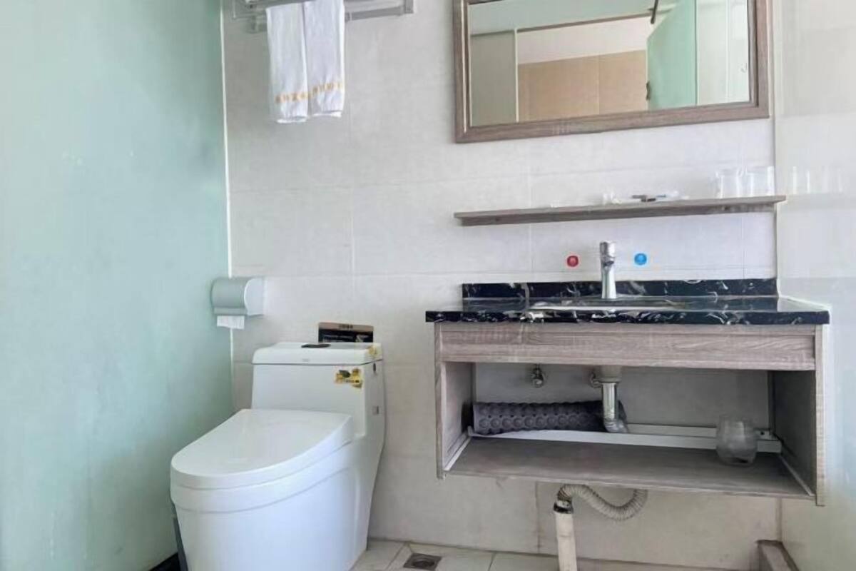 Ein Badezimmer mit Toilette, Waschbecken mit Marmorplatte, Spiegel und Handtuchhalter.