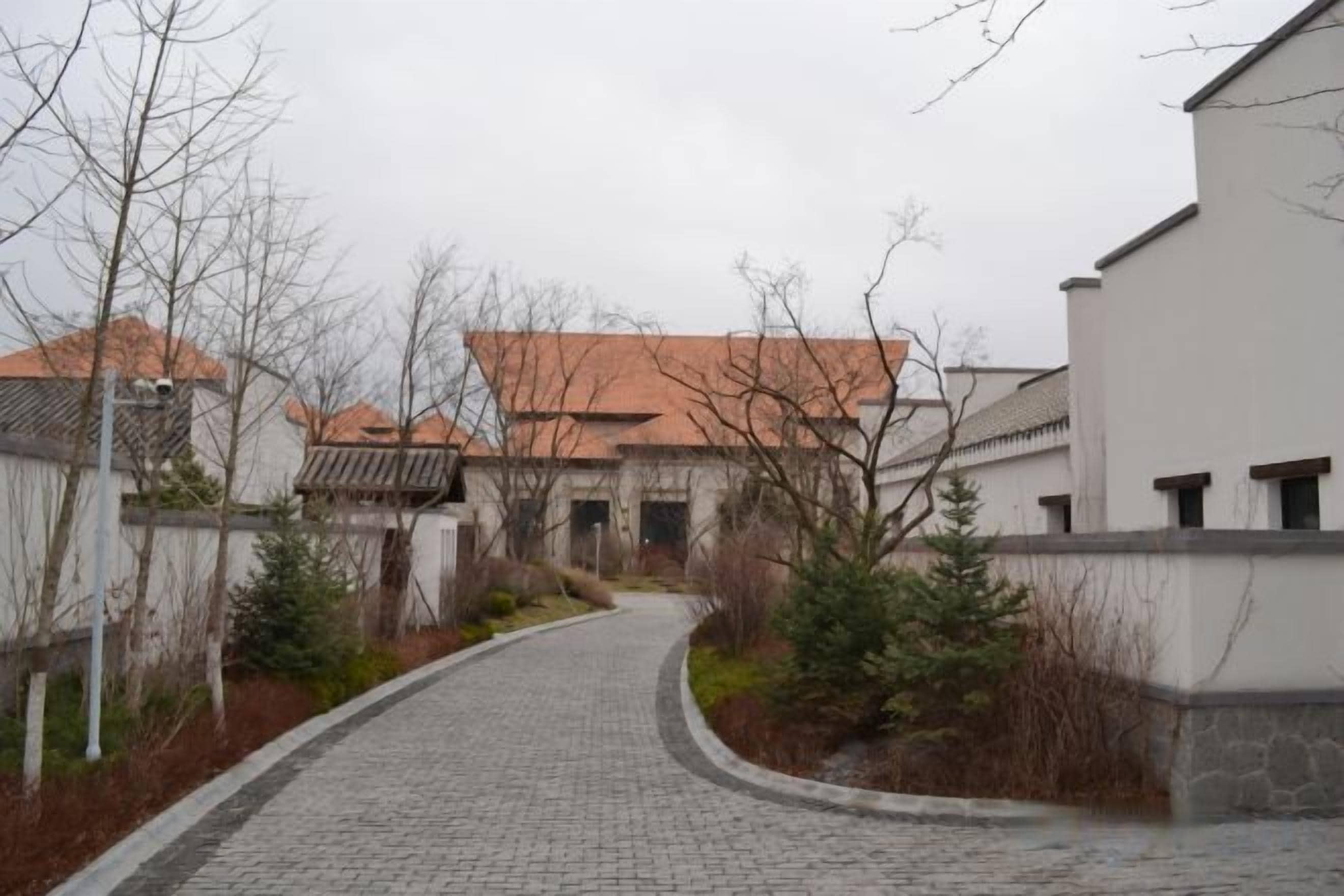 A cobblestone pathway leading to traditional buildings with tiled roofs.