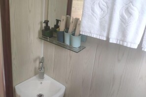 A bathroom with a white sink, a mirror, and a shelf with toiletries.