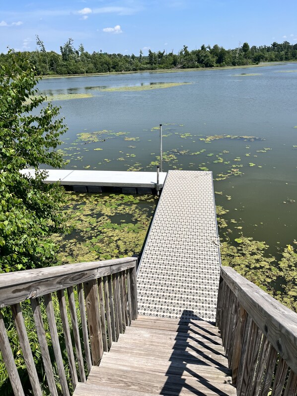 A wooden staircase leading to a dock over a lake with lily pads.