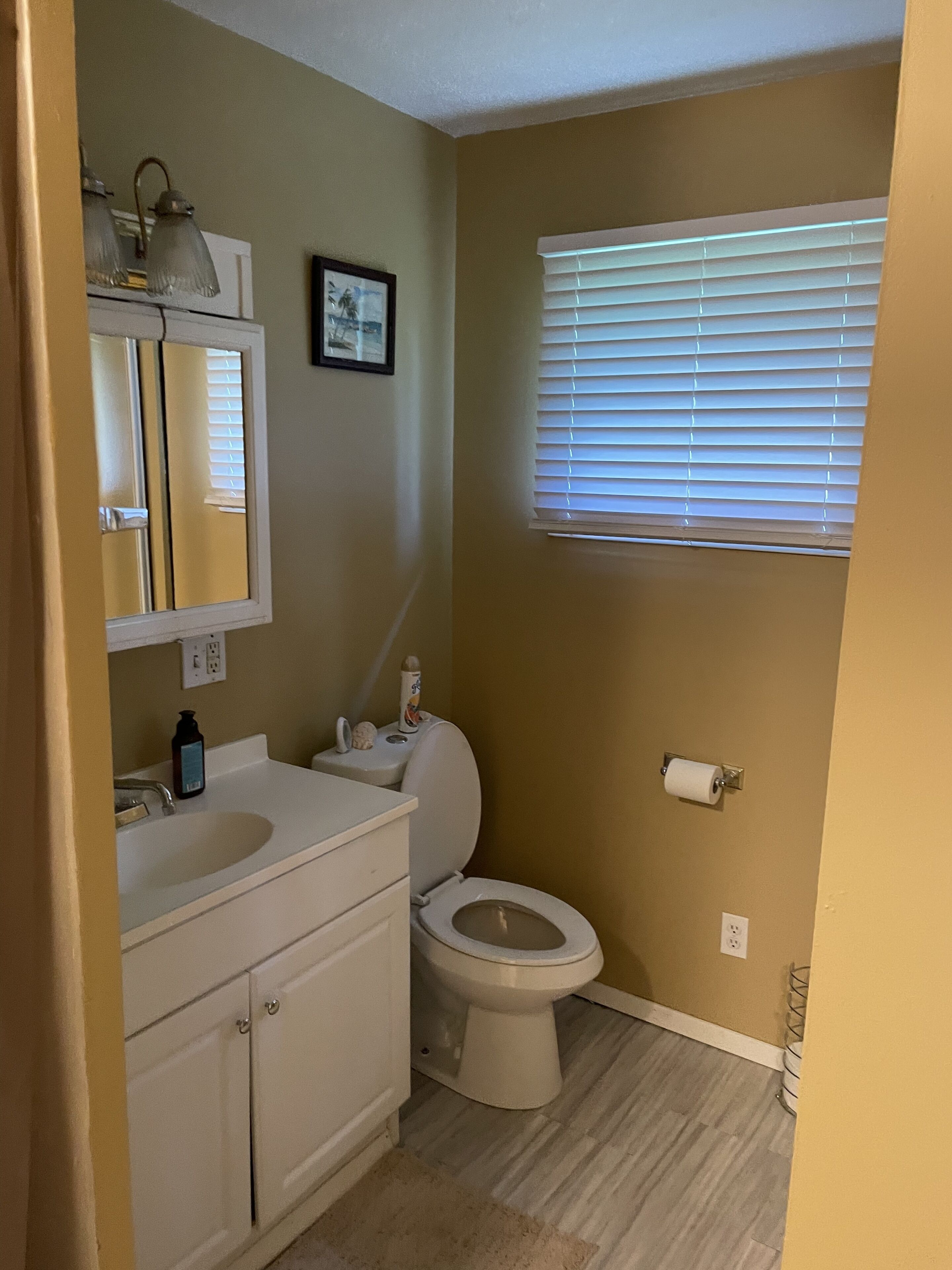 Combined shower/tub, towels, soap, shampoo