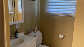 Combined shower/tub, towels, soap, shampoo