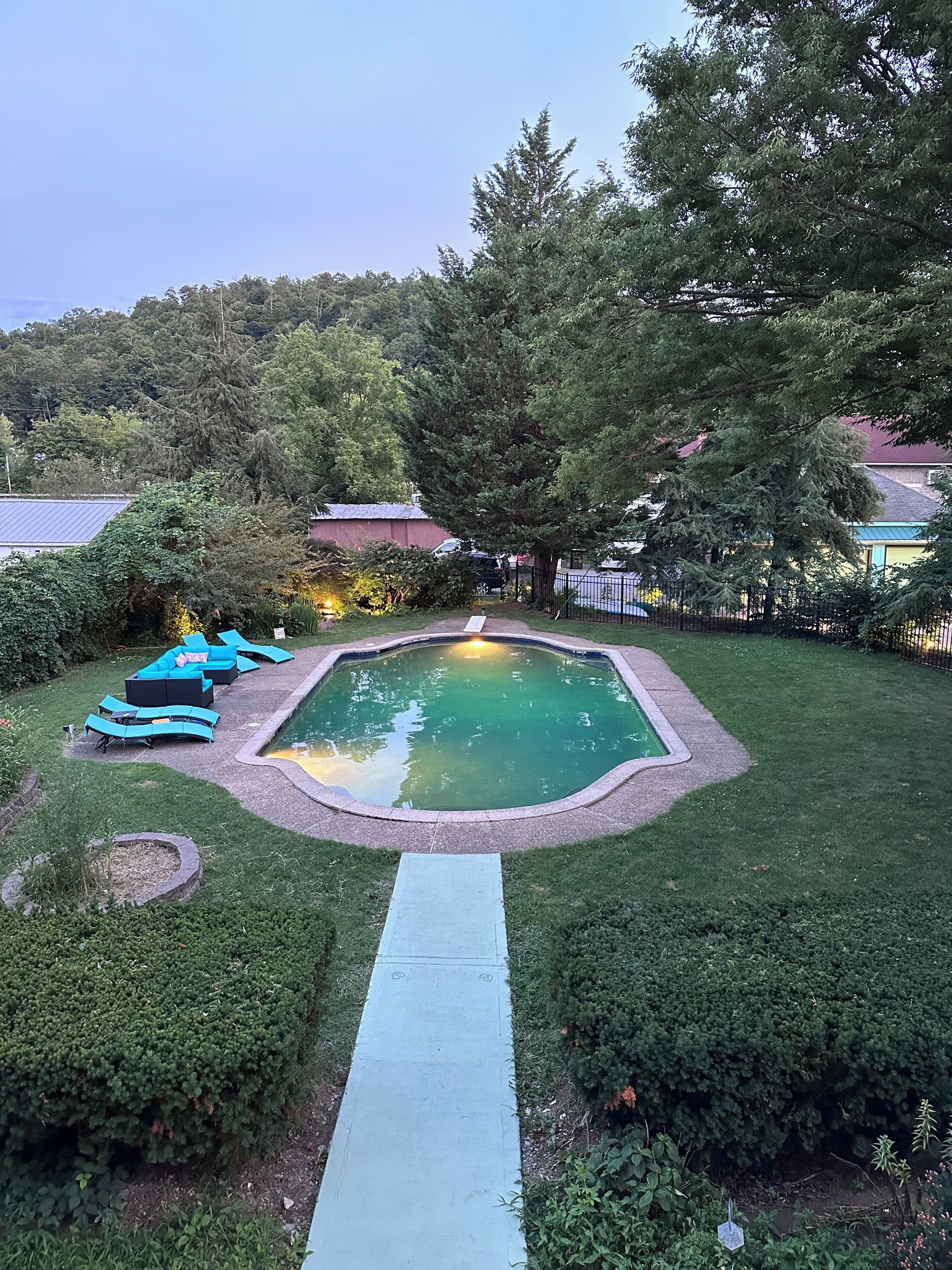 A backyard with a swimming pool, surrounded by a well-maintained lawn and trees.