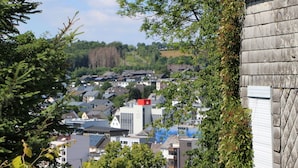 A residential area with houses and trees.