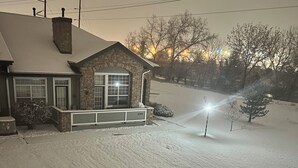 A house with a snow-covered driveway and a lit streetlight.