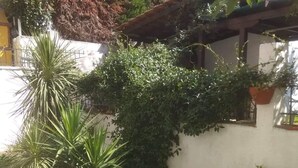 A building with a white exterior, surrounded by dense greenery including a large palm tree and various shrubs. - Kallithea - Apartment - Stay 2 - Parking - Seaside (Kallithea)