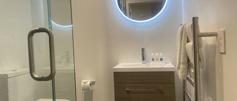 A modern bathroom with a glass shower enclosure, a toilet, a vanity with a mirror, and a towel rack.