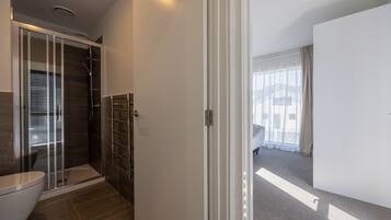 A modern bathroom with a glass shower enclosure, a toilet, and a walk-in shower.