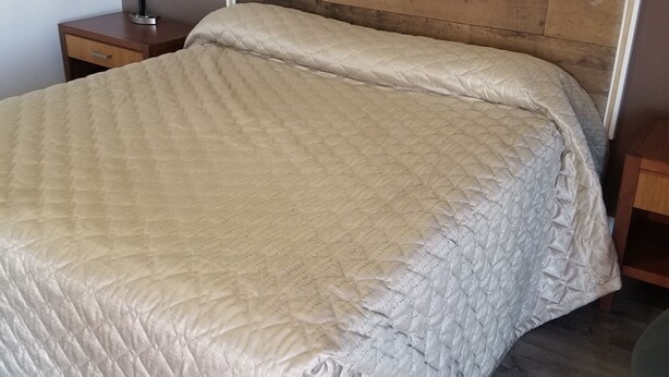 A large bed with a quilted headboard, a bedside table with a lamp, and a framed picture on the wall. - Richard Lake Motel (Sudbury)
