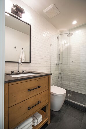 Shower, hair dryer, bathrobes, heated floors