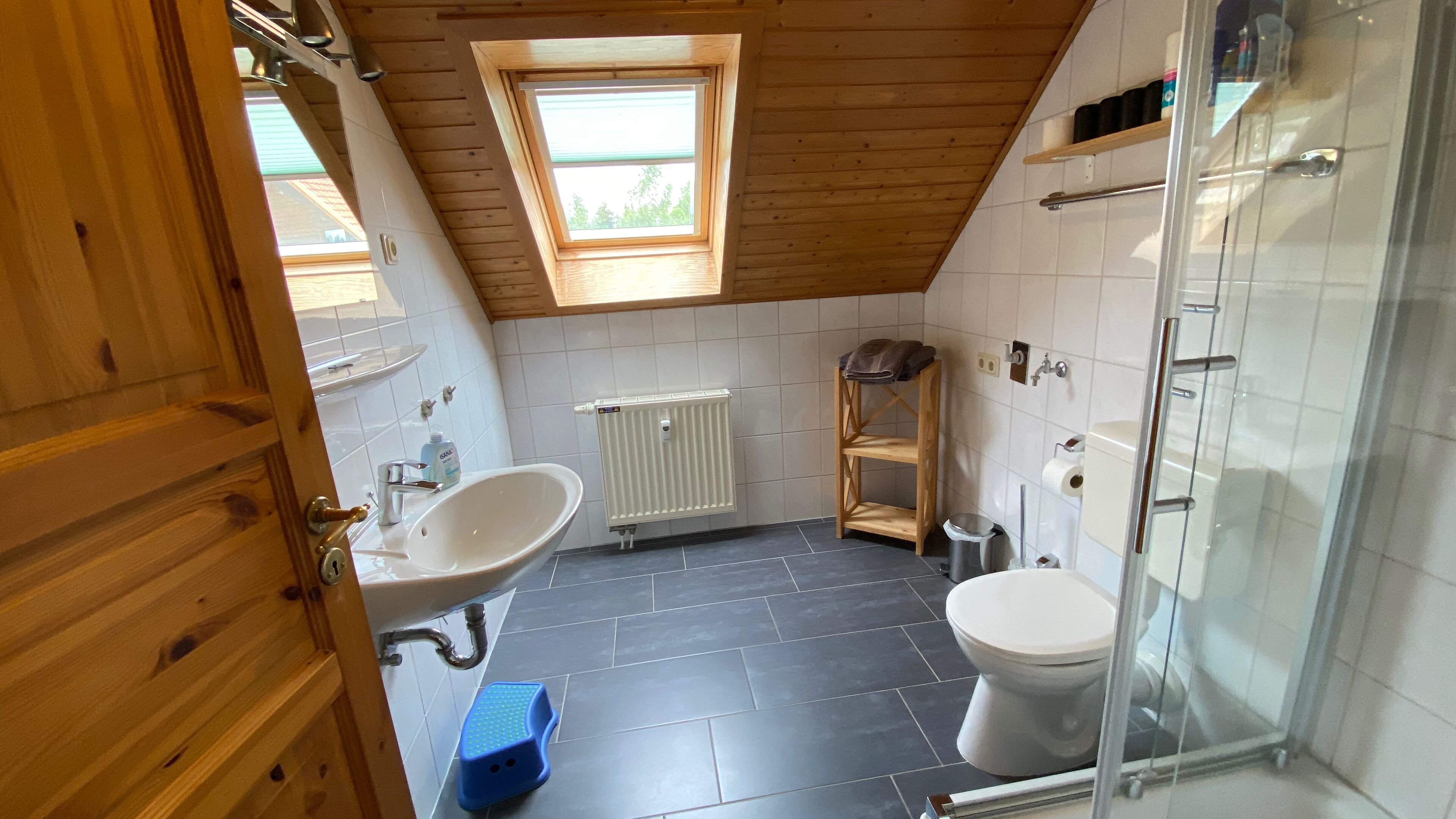 Ein kleines, modernes Badezimmer mit schräg versiegelter Decke, Dachfenster, Dusche, Toilette und Waschbecken.