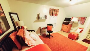 A bedroom with a bed, a desk, a chair, a dresser, and a window with curtains. - Room-fall Room 3min From Yale, And Other (New Haven)