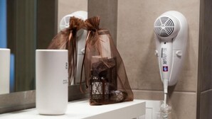 Une salle de bain avec un lavabo blanc, un sèche-cheveux et une bouteille de shampoing.