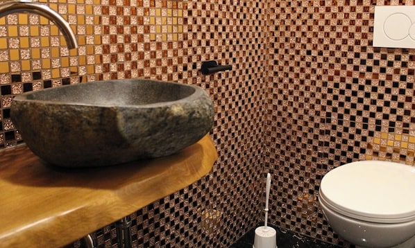 Een badkamer met een wastafel van steen, een toilet en een wastafel met een kraan.