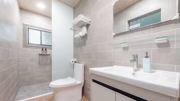 A modern bathroom with a toilet, sink, and shower area.
