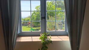 Una habitación con un ventanal grande, una planta colgante, una mesa de comedor y sillas.