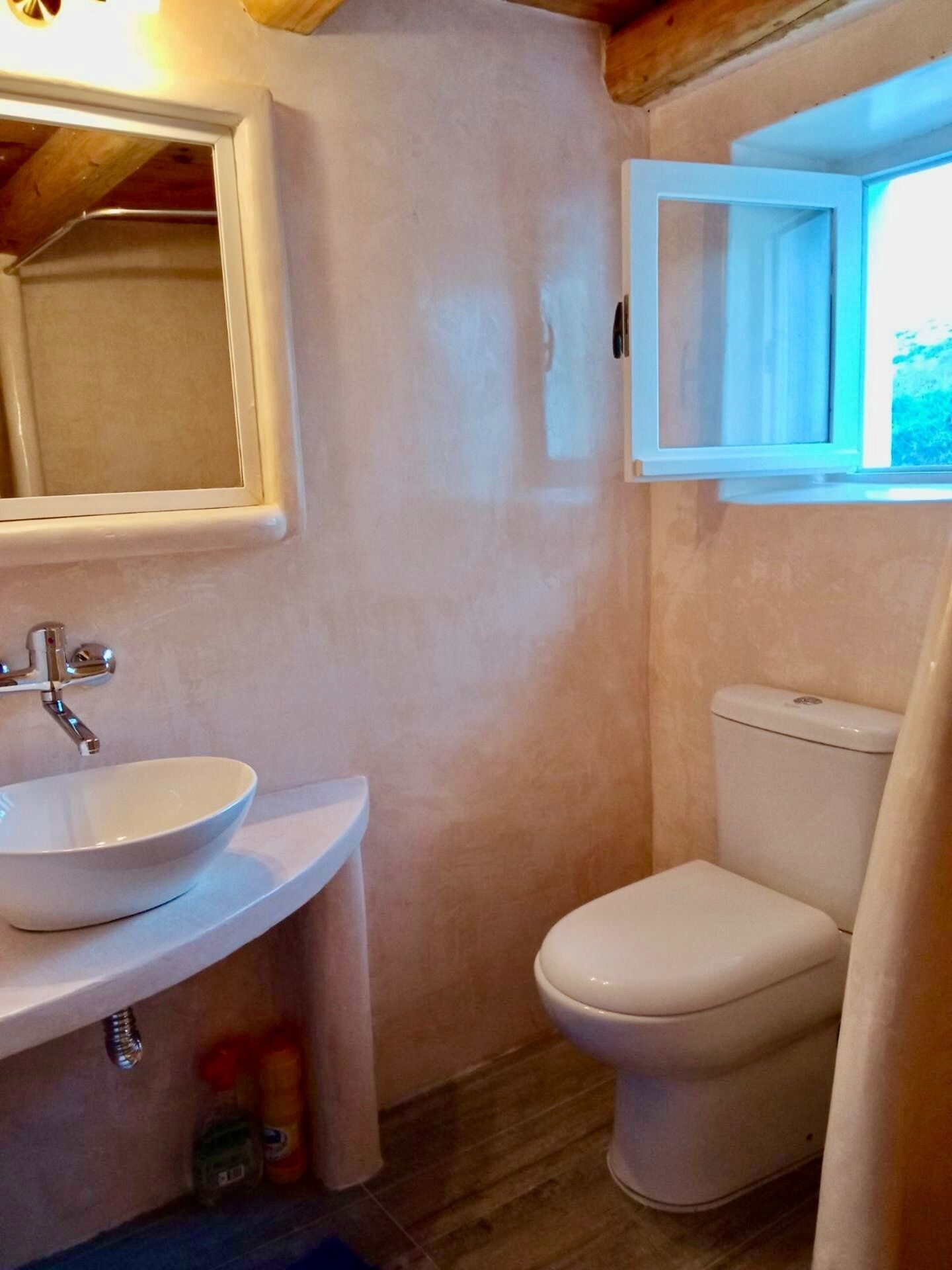 A bathroom with a white sink, a mirror, a toilet, and a window with an open curtain.