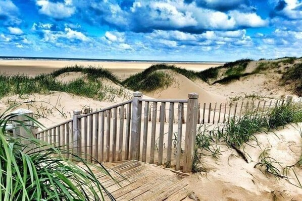 Walk along the boardwalk to the sandy beach, surrounded by dunes and lush vegetation.