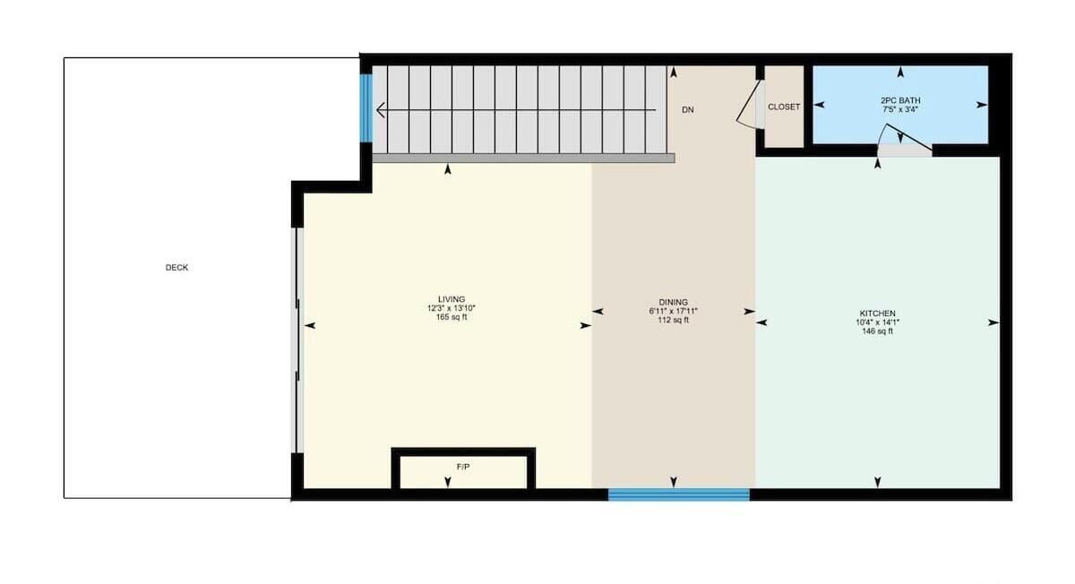 A floor plan with a living room, dining area, kitchen, and a 2pc bath.