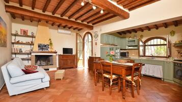 TV a schermo piatto, caminetto