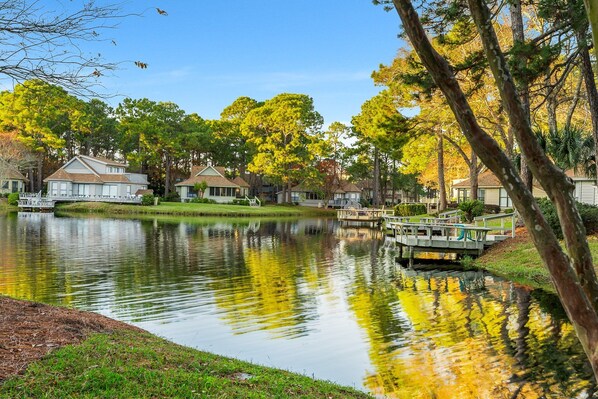 A serene lakeside setting with houses and a dock.