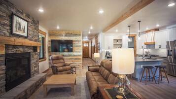 TV connectée, cheminée, livres, services de streaming