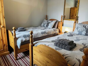 A bedroom with two wooden beds, a mirror, and a striped rug.
