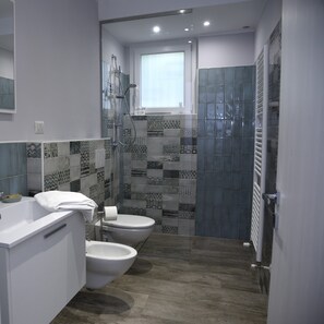 Shower, hair dryer, bidet, towels