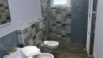 Shower, hair dryer, bidet, towels