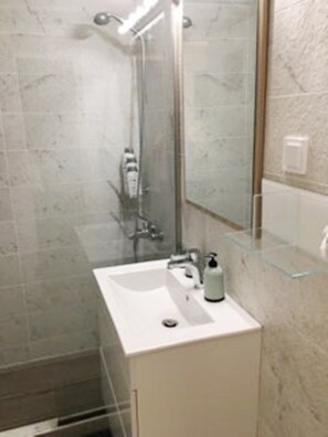 Hair dryer, towels, soap, shampoo
