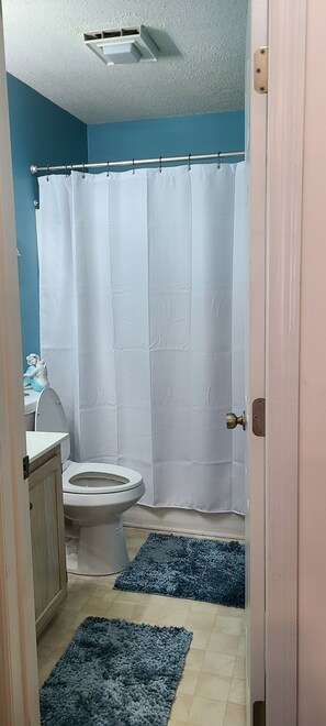 Kombination af bruser/badekar, håndklæder, Sæbe, Toiletpapir